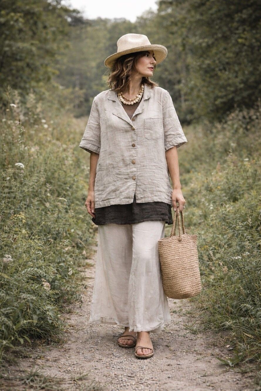 Simple & Opulence 100% Linen Button Front Top Shirt Neutral Size Small Lagenlook